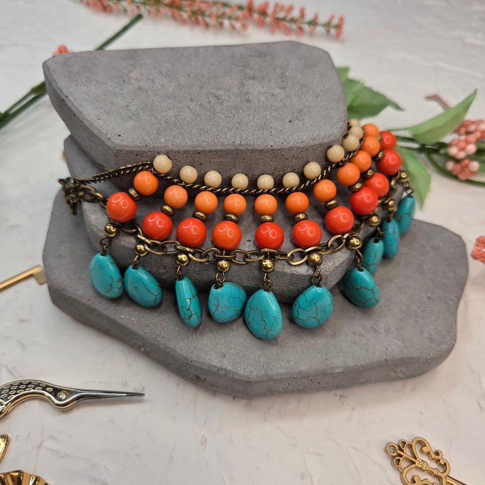 Boho Statement Bib Necklace Orange Coral Turquoise Faux Stone Beaded Brass Tone